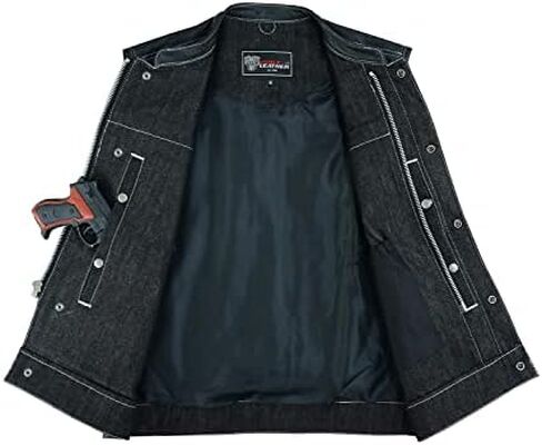 Mens Motorcycle Denim Leather Combo Club Collar Vest with White Stitching Light Weight in Saudi Arabia