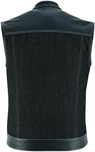 Mens Motorcycle Denim Leather Combo Club Collar Vest with White Stitching Light Weight in Saudi Arabia