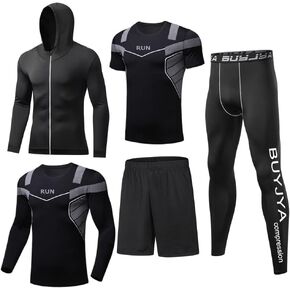 BUYJYA 5Pcs Men's Compression Pants Shirt Top Long Sleeve Jacket Athletic Sets Gym Clothing Mens Workout in Saudi Arabia