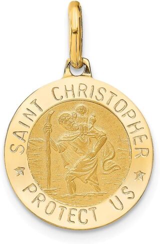 Solid 14k Yellow Gold Round Catholic Patron Saint Christopher Brushed Matte Finish Pendant Charm - 23mm x 15mm in Saudi Arabia