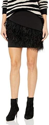Parker Women's Classic Fitted Stretch Crepe Skirt with Asymmetric Feather Trim at The Hem, Black, 00 in Saudi Arabia
