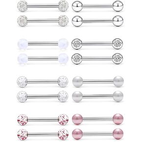 Prjndjw 14Pcs 14G Surgical Steel Tongue Rings Teaser Double Barbell with Slave Ring Body Piercing Jewelry for Women Men, Skull/Flower/Silicone Soft Spike Ball/Glitter Ball Closure in Saudi Arabia
