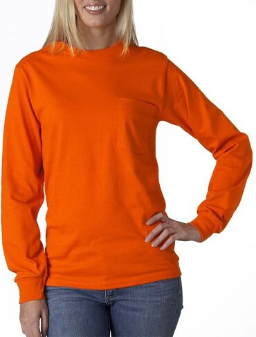 Cotton 6 oz. Long-Sleeve Pocket T-Shirt (G241) Safety Orange, XL in Saudi Arabia