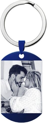 Queenberry Personalized Engraved Custom Photo Text Dog Tag Pendant Keychain Blue/Black in Kuwait