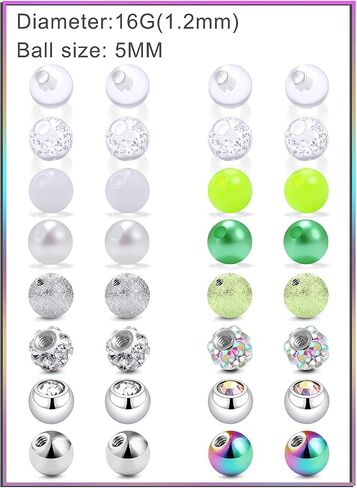 Prjndjw 16 Pair 14G 16G Replacement Balls Externally Threaded Surgical Steel & Plastic Balls for Industrial Barbell Nipple Rings Belly Button Piercing Rings Parts in Kuwait