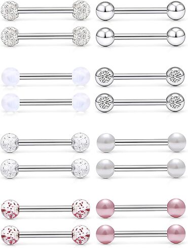 Prjndjw 14Pcs 14G Surgical Steel Tongue Rings Teaser Double Barbell with Slave Ring Body Piercing Jewelry for Women Men, Skull/Flower/Silicone Soft Spike Ball/Glitter Ball Closure in Kuwait