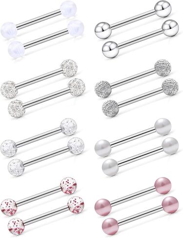Prjndjw 14Pcs 14G Surgical Steel Tongue Rings Teaser Double Barbell with Slave Ring Body Piercing Jewelry for Women Men, Skull/Flower/Silicone Soft Spike Ball/Glitter Ball Closure in Kuwait