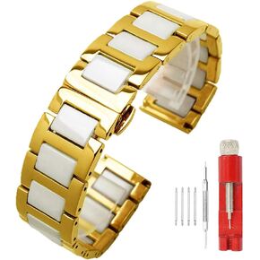 Luxury Black White Blue Green Brown Pink Ceramic Watch Band Stainless Steel Watch Bracelets Deployment Clasp Metal Watch Strap for Men Women 14mm 16mm 18mm 20mm 22mm