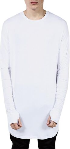Mens Hip Hop Basic Longline Thumb Hole Cuffs Long Sleeve T-Shirt Basic Tee in Saudi Arabia