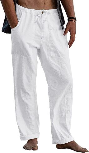 FANARCHER Men’s Cotton Linen Pants Drawstring Loose Beach Pants with Pockets in Saudi Arabia