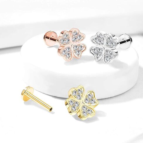 Covet Jewelry Micro CZ Shamrock Top Internally Threaded 316L Surgical Steel Flat Back Stud for Labret, Monroe, Ear Cartilage and More in Saudi Arabia