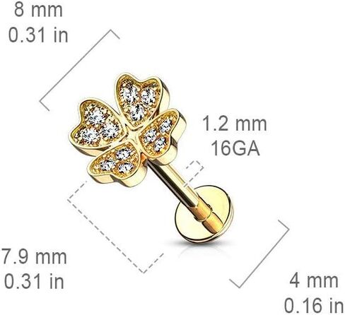 Covet Jewelry Micro CZ Shamrock Top Internally Threaded 316L Surgical Steel Flat Back Stud for Labret, Monroe, Ear Cartilage and More in Saudi Arabia