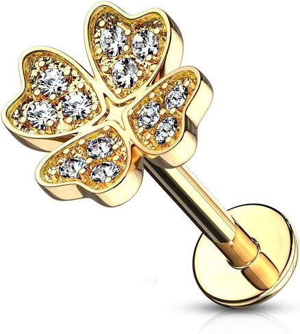 Covet Jewelry Micro CZ Shamrock Top Internally Threaded 316L Surgical Steel Flat Back Stud for Labret, Monroe, Ear Cartilage and More in Saudi Arabia
