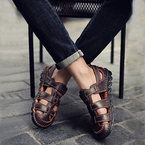 ZHNSHM Mens Summer Casual Closed Toe Leather Sandals Outdoor Fisherman Adjustable Beach Shoes in Kuwait
