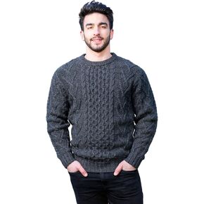 SAOL 100% Merino Wool Men's Irish Traditional Aran Crew Neck Cable Knit Sweater Pullover in Kuwait