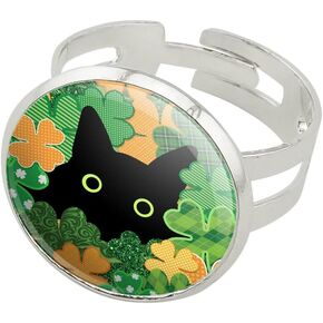 St. Patrick's Day Black Cat Shamrock Silver Plated Adjustable Novelty Ring in Saudi Arabia