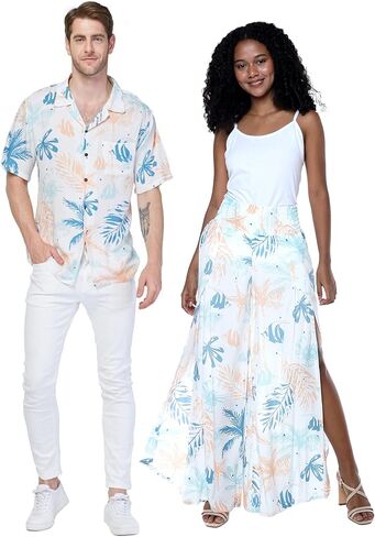 Matchable Couple Hawaiian Luau Shirt or Wide Legged Pants in Sandy Beach White in Kuwait