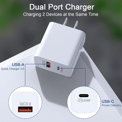 قطعتان من شاحن الحائط USB C، محول توصيل الطاقة ثنائي المنفذ PD من النوع C شحن سريع لهاتف iPhone 11/12/13/14/Pro Max، XS/XR/X، iPad Pro، AirPods Pro، Samsung Galaxy والمزيد in Kuwait