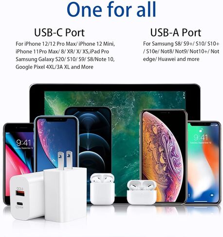 قطعتان من شاحن الحائط USB C، محول توصيل الطاقة ثنائي المنفذ PD من النوع C شحن سريع لهاتف iPhone 11/12/13/14/Pro Max، XS/XR/X، iPad Pro، AirPods Pro، Samsung Galaxy والمزيد in Kuwait