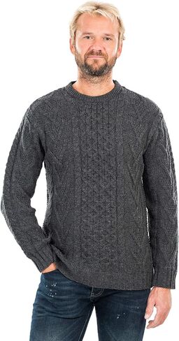 SAOL 100% Merino Wool Men's Irish Traditional Aran Crew Neck Cable Knit Sweater Pullover in Kuwait