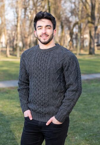 SAOL 100% Merino Wool Men's Irish Traditional Aran Crew Neck Cable Knit Sweater Pullover in Kuwait