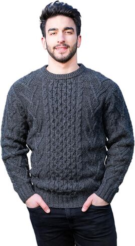 SAOL 100% Merino Wool Men's Irish Traditional Aran Crew Neck Cable Knit Sweater Pullover in Kuwait
