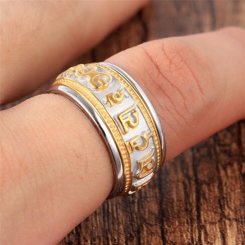 خاتم دوار للصلاة البوذية من الفولاذ المقاوم للصدأ للرجال من PAURO Om Mani Padme Hum Mantra Spinner Ring، طراز عتيق in Kuwait