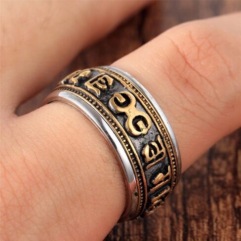 خاتم دوار للصلاة البوذية من الفولاذ المقاوم للصدأ للرجال من PAURO Om Mani Padme Hum Mantra Spinner Ring، طراز عتيق in Kuwait