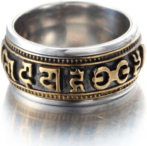 خاتم دوار للصلاة البوذية من الفولاذ المقاوم للصدأ للرجال من PAURO Om Mani Padme Hum Mantra Spinner Ring، طراز عتيق in Kuwait