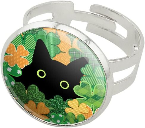 St. Patrick's Day Black Cat Shamrock Silver Plated Adjustable Novelty Ring in Saudi Arabia