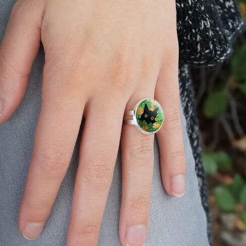 St. Patrick's Day Black Cat Shamrock Silver Plated Adjustable Novelty Ring in Saudi Arabia