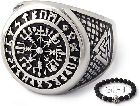 ENXICO Vegvisir The Viking Runic Compass Ring with Rune Circle and Double Valknut Symbol 316L Stainless Steel Norse Scandinavian Viking Jewelry in Saudi Arabia