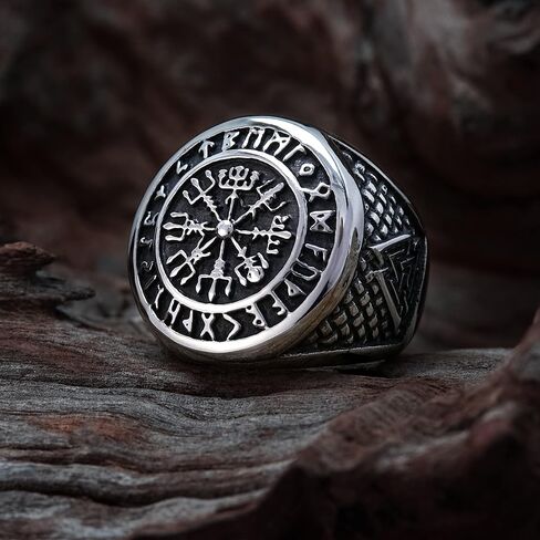 ENXICO Vegvisir The Viking Runic Compass Ring with Rune Circle and Double Valknut Symbol 316L Stainless Steel Norse Scandinavian Viking Jewelry in Saudi Arabia