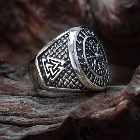ENXICO Vegvisir The Viking Runic Compass Ring with Rune Circle and Double Valknut Symbol 316L Stainless Steel Norse Scandinavian Viking Jewelry in Saudi Arabia