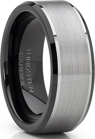 Metal Masters Co. Men's Tungsten Carbide Wedding Band Flat Top Brushed Two Tone Black Ring 8mm in Saudi Arabia