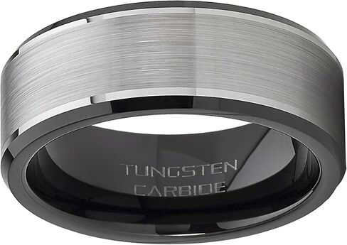 Metal Masters Co. Men's Tungsten Carbide Wedding Band Flat Top Brushed Two Tone Black Ring 8mm in Saudi Arabia
