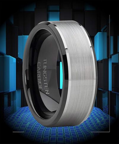 Metal Masters Co. Men's Tungsten Carbide Wedding Band Flat Top Brushed Two Tone Black Ring 8mm in Saudi Arabia