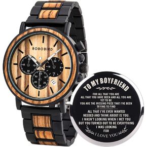 BOBO Bird Mens Personalized Engraved Wooden Watches, Stylish Wood & Stainless Steel Combined Quartz Casual Wristwatches for Men Family Friends Customized Watch