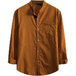 Men's Casual Cotton Linen Shirts Long Sleeve Color Block Button Down Shirt Striped Relaxed-Fit Vintage Beach Tops in Kuwait