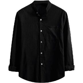Men's Casual Cotton Linen Shirts Long Sleeve Color Block Button Down Shirt Striped Relaxed-Fit Vintage Beach Tops in Kuwait