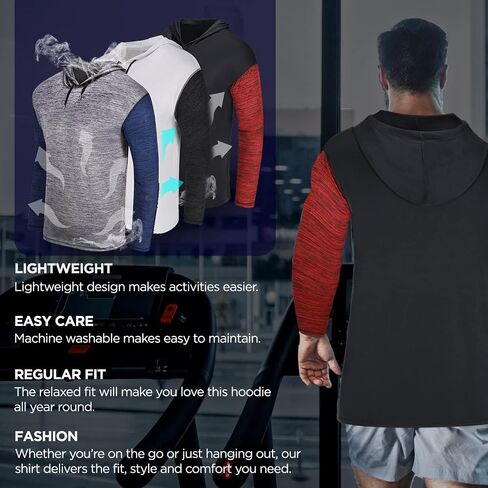 Men's Long Sleeve Pullover Hoodie 3 Pack Dry Fit Moisture Wicking Shirts Workout in Kuwait