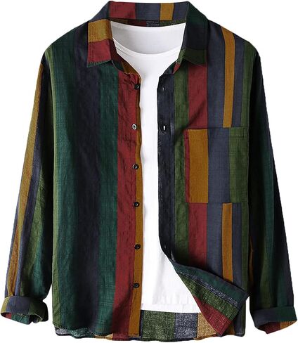 Men's Casual Cotton Linen Shirts Long Sleeve Color Block Button Down Shirt Striped Relaxed-Fit Vintage Beach Tops in Saudi Arabia