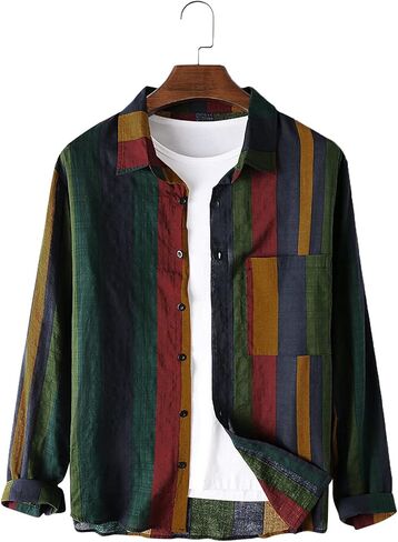 Men's Casual Cotton Linen Shirts Long Sleeve Color Block Button Down Shirt Striped Relaxed-Fit Vintage Beach Tops in Saudi Arabia