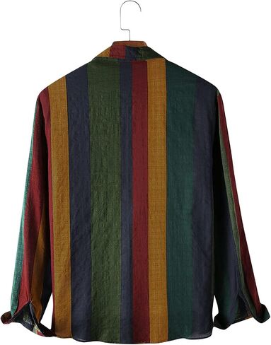 Men's Casual Cotton Linen Shirts Long Sleeve Color Block Button Down Shirt Striped Relaxed-Fit Vintage Beach Tops in Saudi Arabia