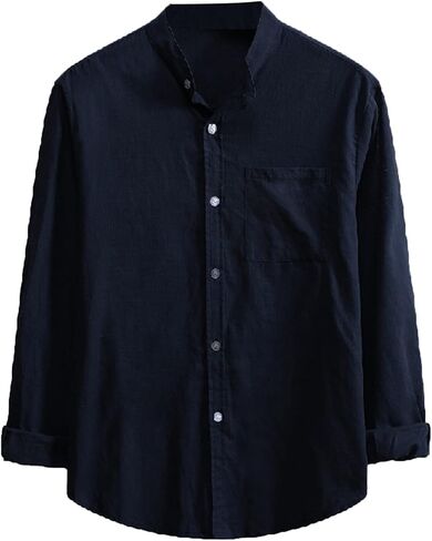 Men's Casual Cotton Linen Shirts Long Sleeve Color Block Button Down Shirt Striped Relaxed-Fit Vintage Beach Tops in Saudi Arabia