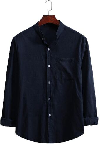 Men's Casual Cotton Linen Shirts Long Sleeve Color Block Button Down Shirt Striped Relaxed-Fit Vintage Beach Tops in Saudi Arabia