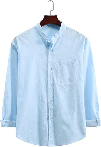 Men's Casual Cotton Linen Shirts Long Sleeve Color Block Button Down Shirt Striped Relaxed-Fit Vintage Beach Tops in Saudi Arabia