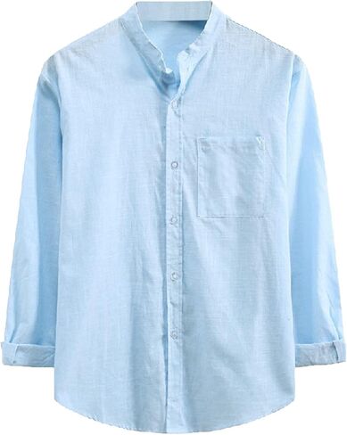 Men's Casual Cotton Linen Shirts Long Sleeve Color Block Button Down Shirt Striped Relaxed-Fit Vintage Beach Tops in Saudi Arabia