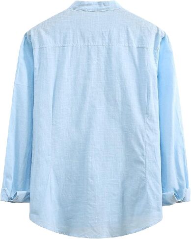 Men's Casual Cotton Linen Shirts Long Sleeve Color Block Button Down Shirt Striped Relaxed-Fit Vintage Beach Tops in Saudi Arabia