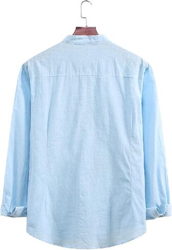 Men's Casual Cotton Linen Shirts Long Sleeve Color Block Button Down Shirt Striped Relaxed-Fit Vintage Beach Tops in Saudi Arabia